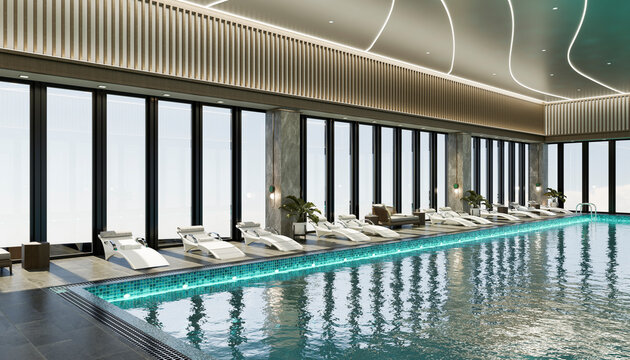 Modern indoor pool with loungers in luxury spa resort