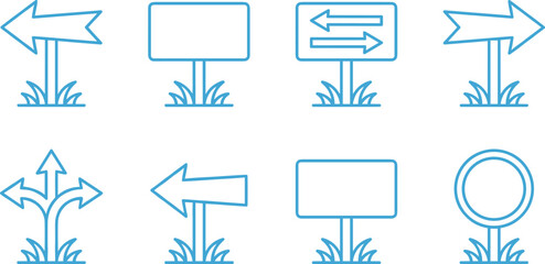 Road signpost outline icon set with direction arrow wooden board and grass vector elements © AKTAR