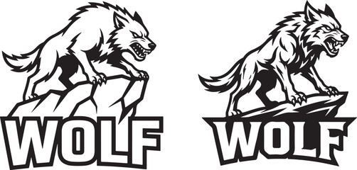 Aggressive roaring wolf mascot standing on a rock vector illustration © samiul