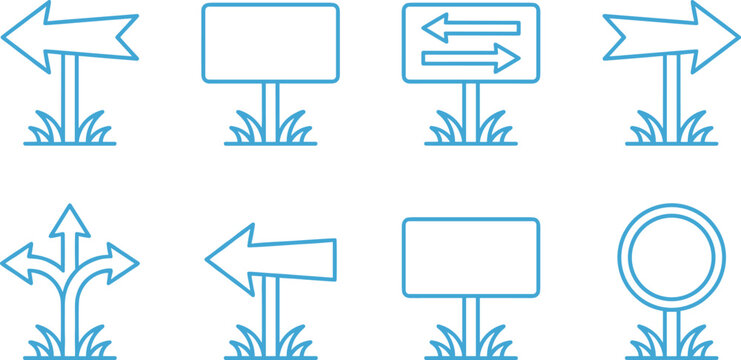 Road signpost outline icon set with direction arrow wooden board and grass vector elements