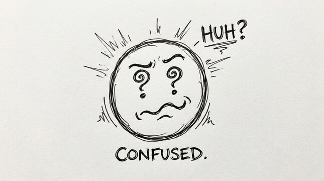Confused smiley face drawing with question marks and text.