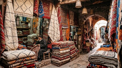 Obraz premium Vibrant moroccan carpet shop in a bustling market