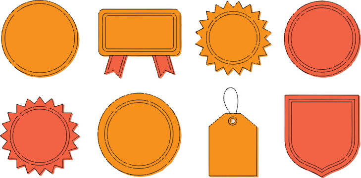 Set of various empty orange and red blank labels, badges, and tags with dashed line borders.