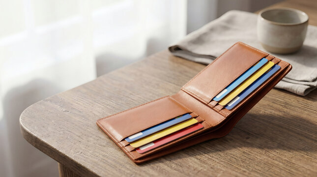 Brown Leather Wallet Placed On Wooden Table In Cozy Indoor Space