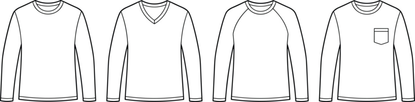 Long Sleeve Men T Shirt Flat Technical Drawing Vector Template Set with Crewneck V Neck Raglan and Pocket Styles for Fashion Design Sketching