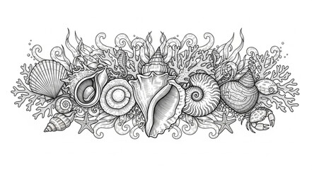 Intricate Line Art Depicting Seashells and Marine Life. © Kolohsa