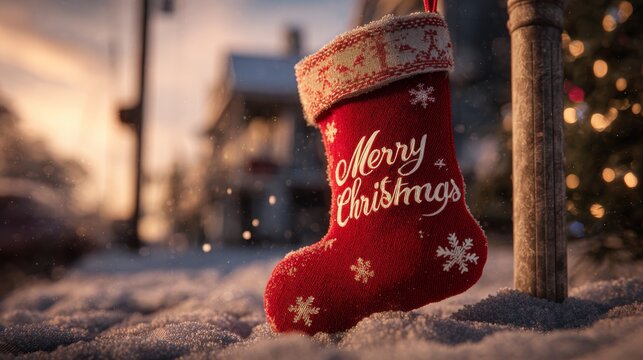 Colorful Christmas stocking hangs on a post outside a cozy house during winter in the evening light