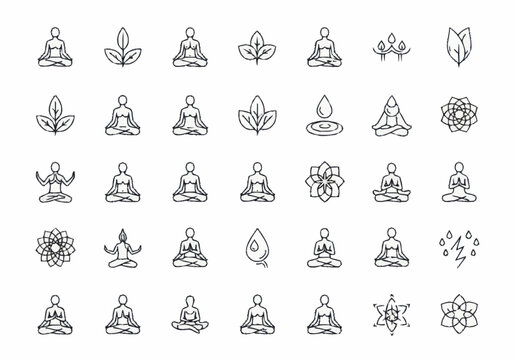 Collection of yoga and meditation icons, including figures in lotus pose, leaves, water drops, and abstract symbols.