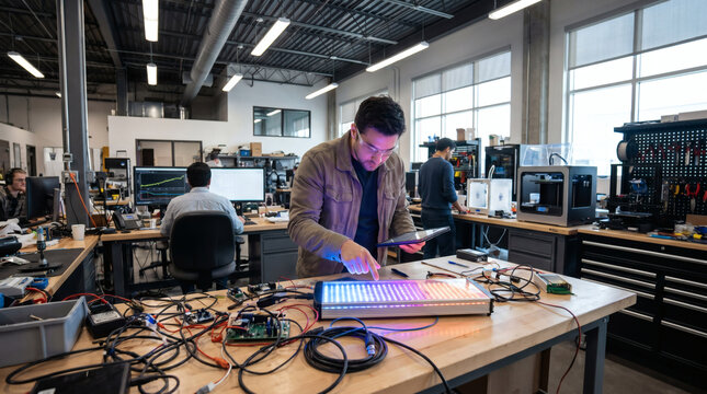 Engineers Testing Electronic Equipment In A Modern Office Lab