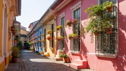 Naklejka premium Narrow Street With Colorful Colonial Houses And Flower Pots