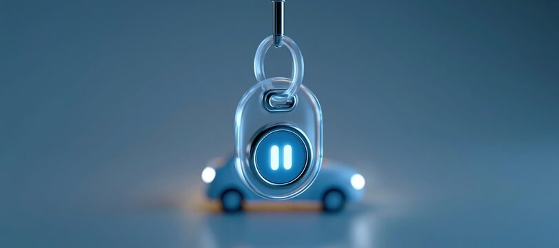 Translucent key ring with glowing pause icon above parked car silhouette