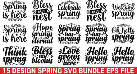 Fototapeta premium Spring Quotes SVG Bundle Featuring Hand Written Typography Lettering with Decorative Swirls and Floral Ornaments for Crafting T Shirt Sublimation Designs