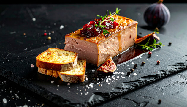 Foie gras terrine with toasted brioche and fig compote in luxury presentation