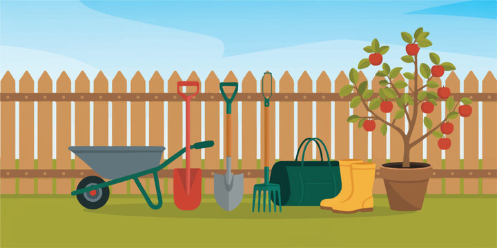 Gardening tools and equipment set with wheelbarrow, shovel, rake, bag and boots near apple tree.