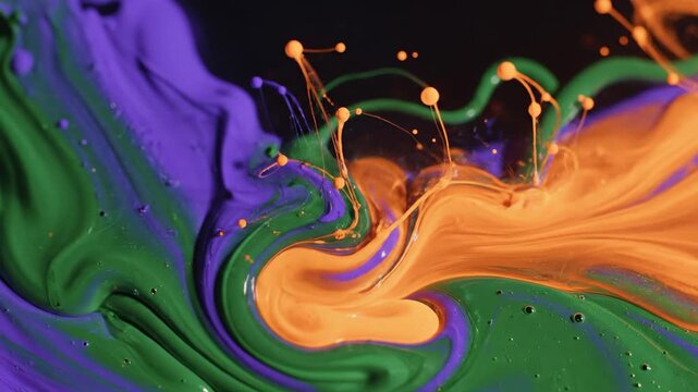 Captivating swirls of vibrant green, deep purple, and fiery orange pigments collide and dance dynamically, creating mesmerizing abstract patterns and energetic splashes, suggesting artistry