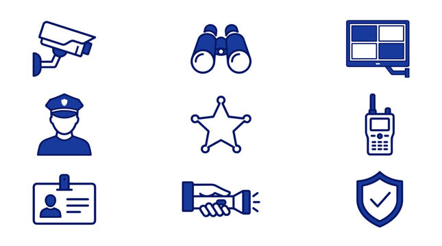 Security and Law Enforcement Icon Set Featuring Surveillance Camera, Police Officer, Shield Protection, Communication Devices, Identification, and Monitoring Symbols