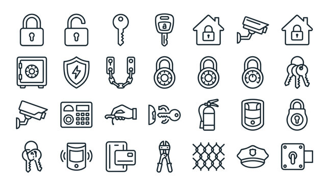 Security and Protection Line Icon Set Featuring Locks, Keys, Surveillance Cameras, Safes, Alarms, Access Control, and Cyber Safety Symbols