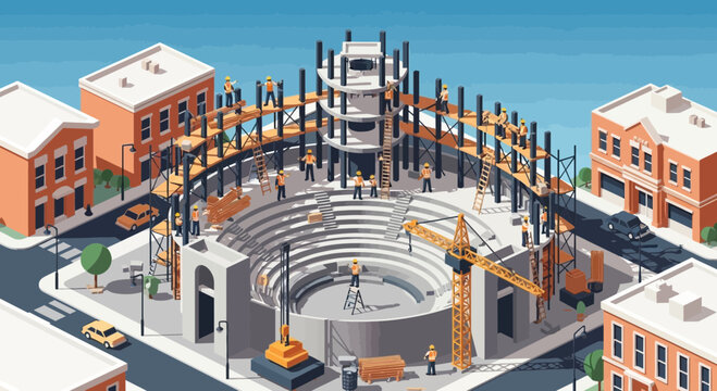 Construction Site with Crane and Workers.