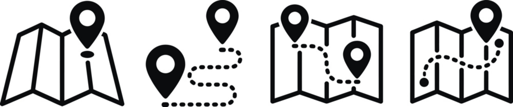 Navigation icons set map pointer with route location pin and directional path illustrations