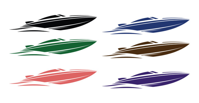 Elegant speedboat silhouette vector icon, luxury motorboat gliding on calm water with dynamic wake for marine and travel design