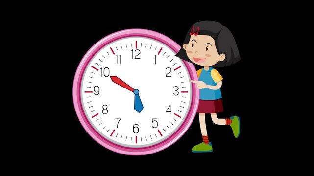 Cartoon boy running with oversized pink alarm clock against black background