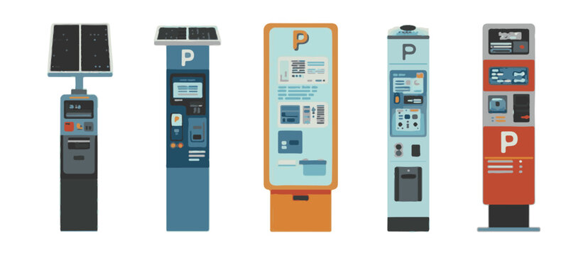 Row of five different parking payment machines kiosk
