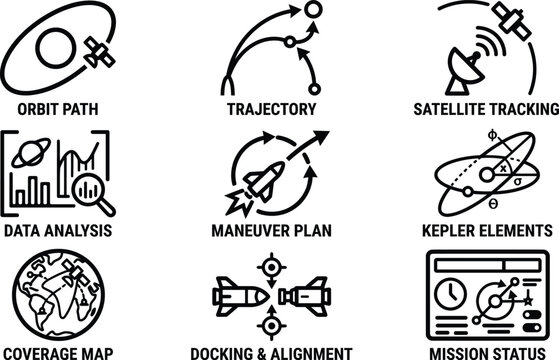 Space mission icons set, satellite tracking and orbit path vector elements, aerospace data analysis and maneuver plan graphics for orbital mechanics