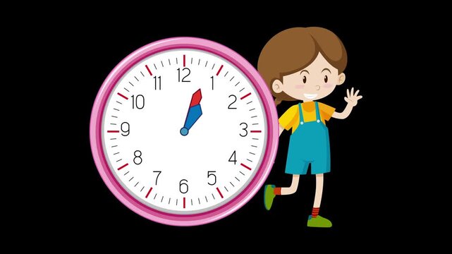 Cartoon boy pointing at large pink alarm clock on black background