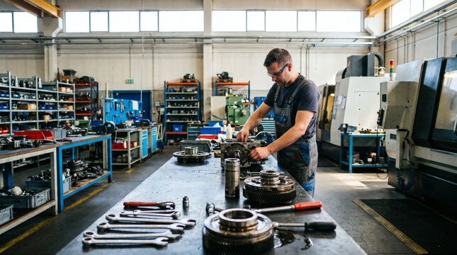 Male mechanic maintaining industrial machinery in a factory workshop