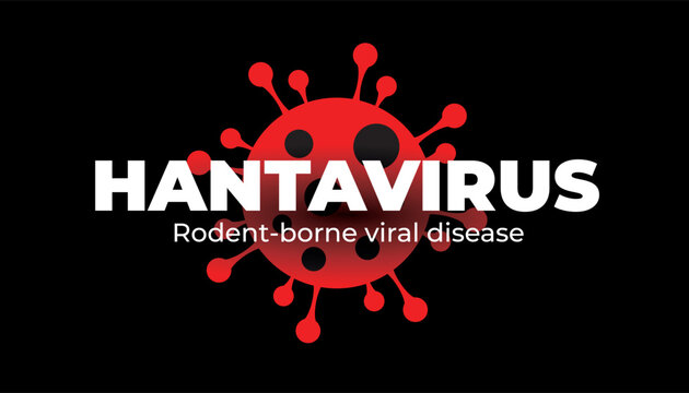 Medical illustration of hantavirus on a dark background featuring a bold title and virus symbol