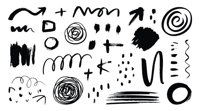 Abstract black ink doodles and scribbles on a plain white background