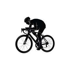 Obraz premium Black silhouette of a competitive cyclist in a racing position on a bicycle, isolated on a white background, representing speed, endurance, and athletic training for sports-themed