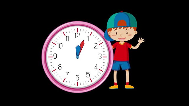 Cartoon boy waving next to large pink alarm clock on black background