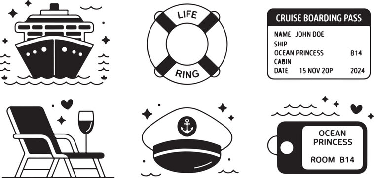 Cruise ship travel icons set featuring vessel life ring boarding pass captain hat deck chair and luggage tag on transparent background.