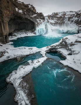 Aldeyjarfoss waterfall and basalt canyon in winter, Iceland
