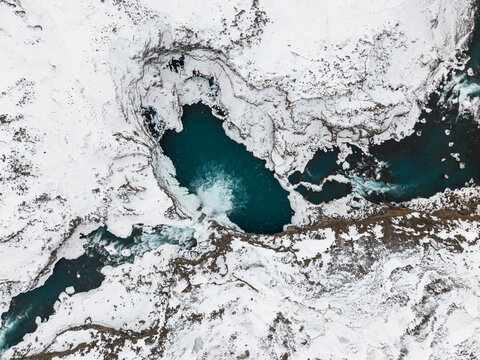Winter aerial view of Aldeyjarfoss river, Iceland