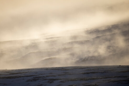 Winter mist over snowy plain in Icelandic landscape