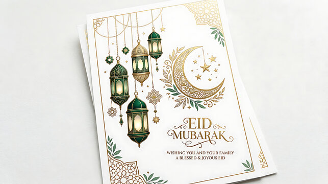 Open eid mubarak greeting card with golden crescent moon star hanging lanterns