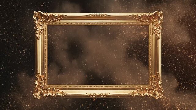 An ornate, antique golden picture frame floats suspended in a cosmic atmosphere filled with swirling nebula clouds and glittering stardust, creating a fantastical and ethereal visual