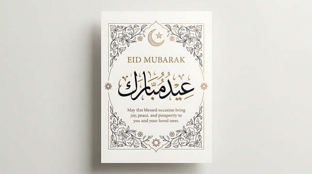 Elegant eid mubarak card with arabic calligraphy and subtle gold decoration
