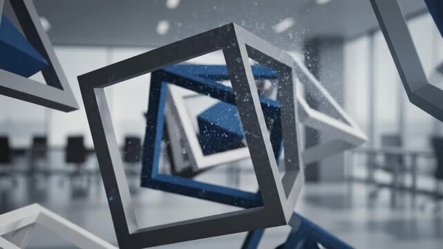 Abstract geometric forms rendered in three dimensions, tumbling and coalescing with a dynamic sense of motion, evoking concepts of connectivity, data flow, and architectural design within
