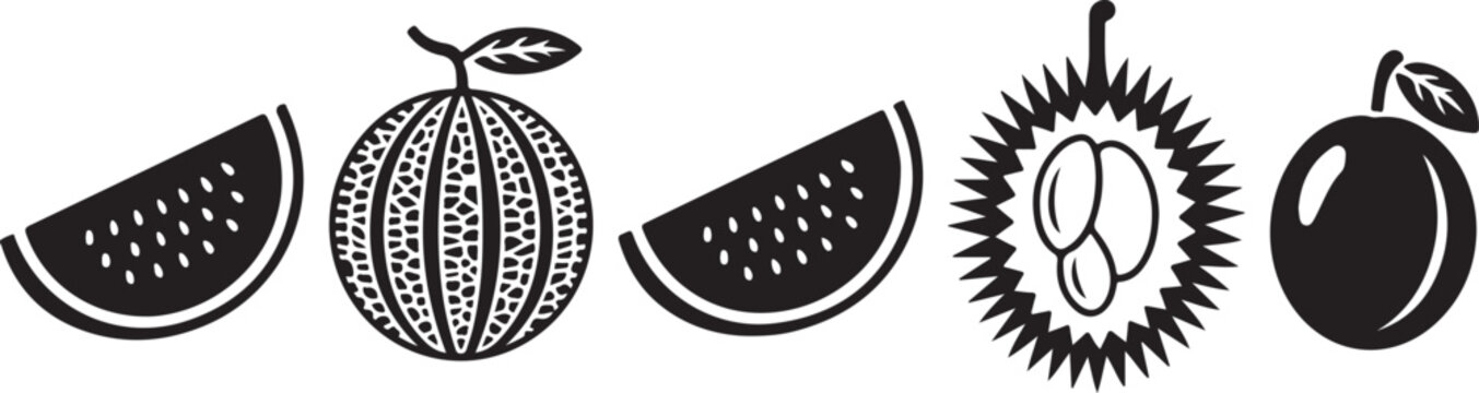 Variety of fresh fruit icons including watermelon slices melon durian and plum for healthy food nutrition and snack projects.