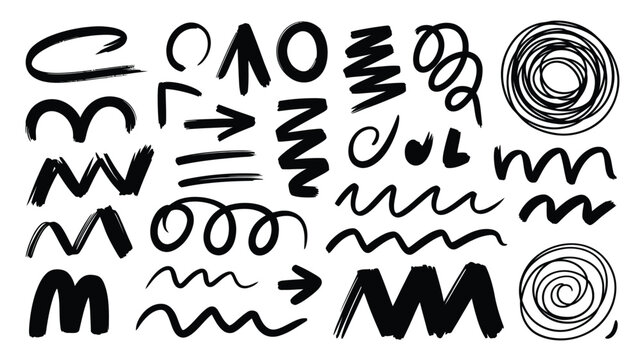 Abstract black scribble shapes and lines on a white background illustration