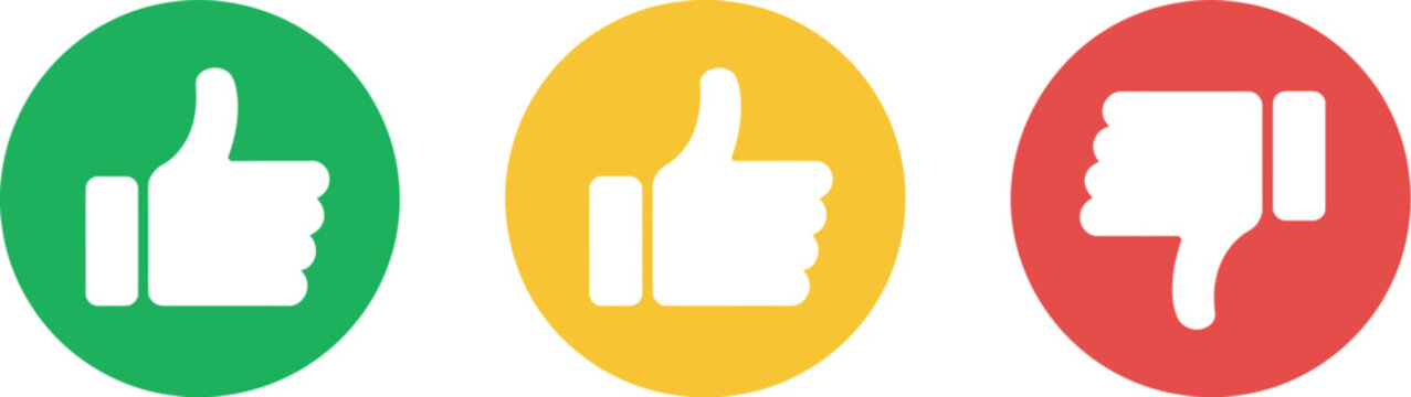 like, dislike and neutral thumb symbols in green, yellow and red color. feedback and rating thumbs up and thumbs down icons set. thumbs up, down and sideways symbol icon, customer satisfaction  