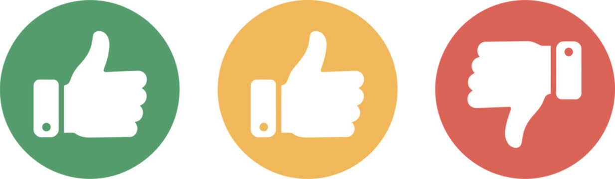 like, dislike and neutral thumb symbols in green, yellow and red color. feedback and rating thumbs up and thumbs down icons set. thumbs up, down and sideways symbol icon, service quality assessment gr