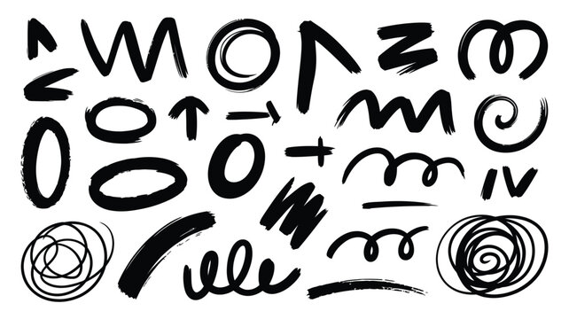 Abstract black brushstroke symbols and doodles on a white background