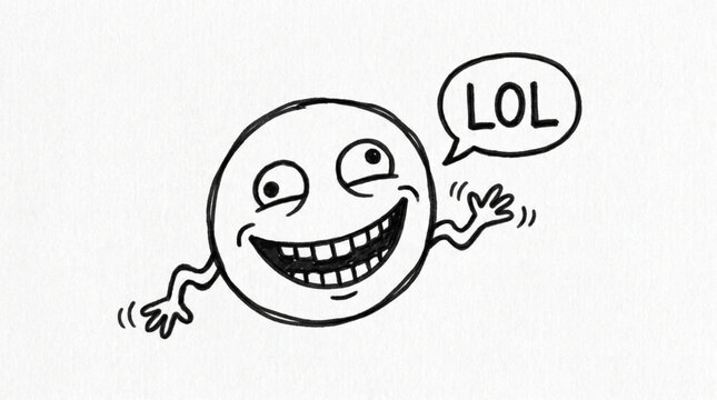 Funny cartoon face with LOL speech bubble waving hand.