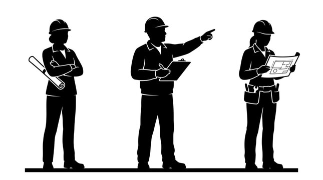 Silhouette illustration of three construction workers and engineers with blueprints.