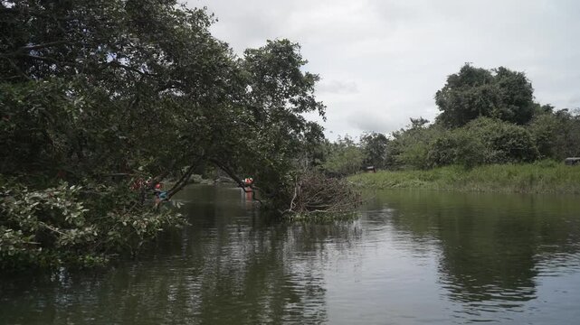 View of scenic boat safari on Hiriwadunna Wewa reservoir near Dambulla, Matale District, Sri Lanka, Asia