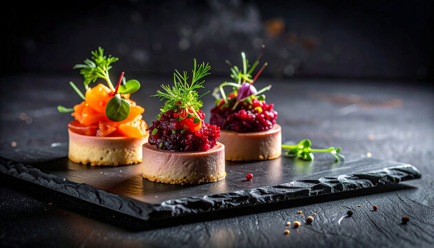 Amuse-bouche selection of three French appetizers with foie gras mousse, beet tartare and smoked salmon